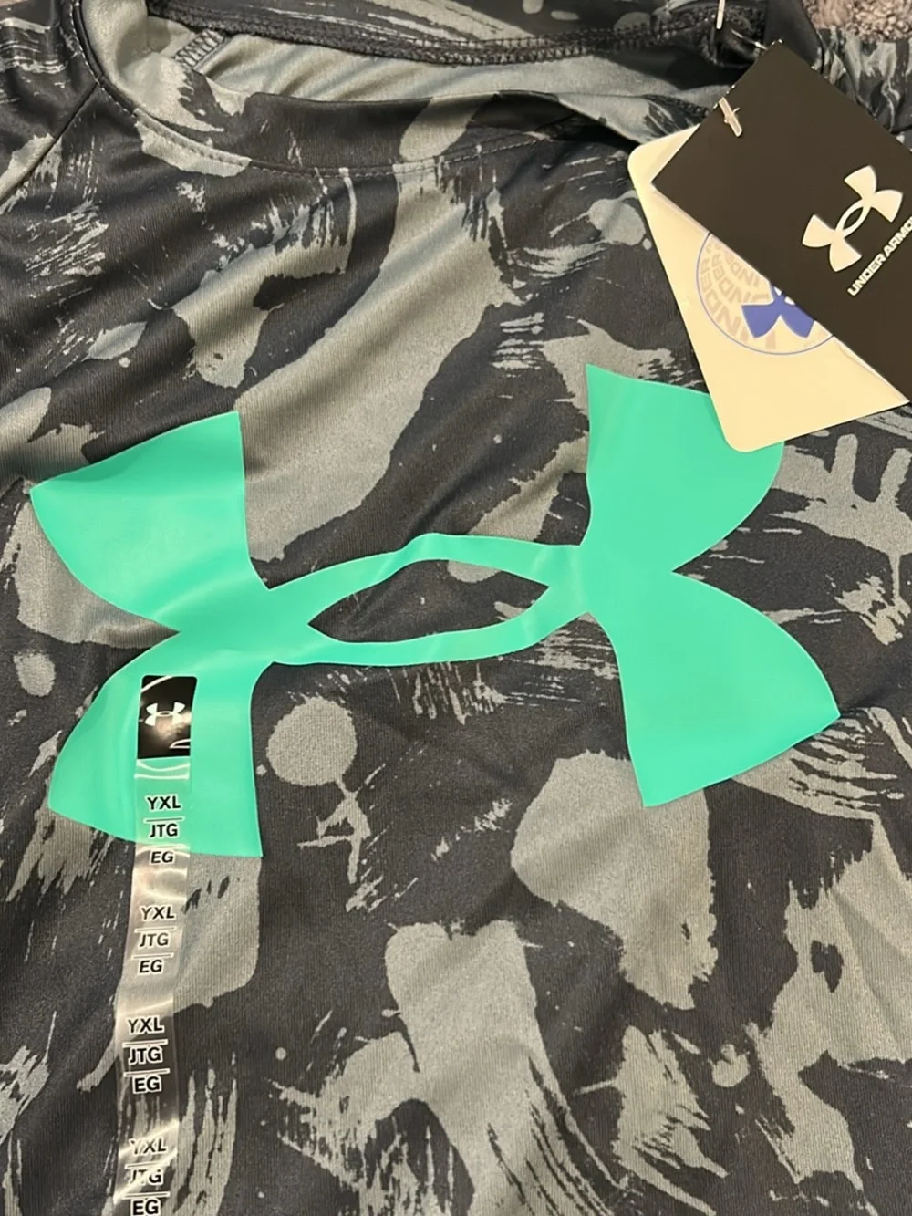 NWT Cute Boys Under Armour Athletic Shirt Grey with Grey Print and Bright Green